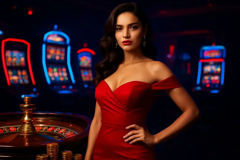 Elegant Casino Banner Beautiful woman in red dress standing confidently near roulette and slot machines in a luxury Bangladeshi casino with neon accents, gold coins, and poker chips
