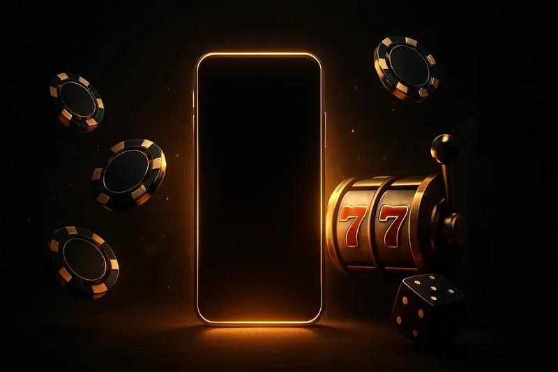 Glowing Smartphone Casino Banner Panoramic banner with glowing smartphone, casino chips, slot reels, and dice on dark luxurious background
